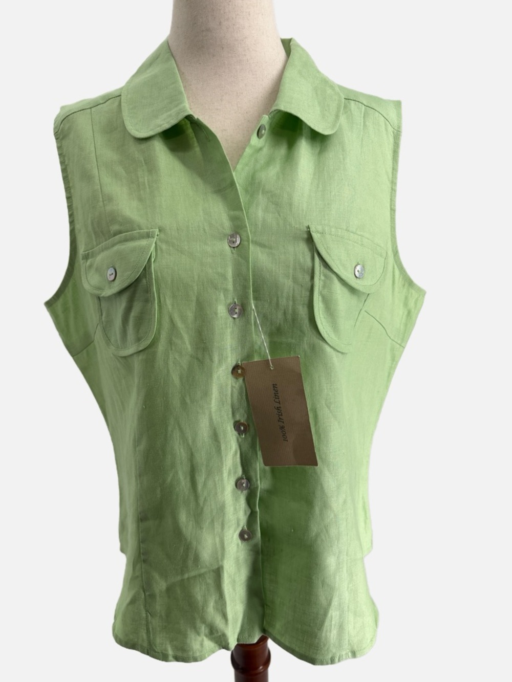 Edward Irish Linen Sleeveless Button Front Top Pockets Shell Buttons Size L NWT